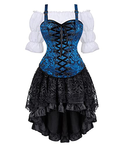 Jutrisujo Korsett Kleid Damen Rock 3 Set Steampunk Corsage mit Strapsen Spitze Corset Dress Bustier Damen Korsettkleid Kostüm Pirat Halloween Blau 2XL von Jutrisujo