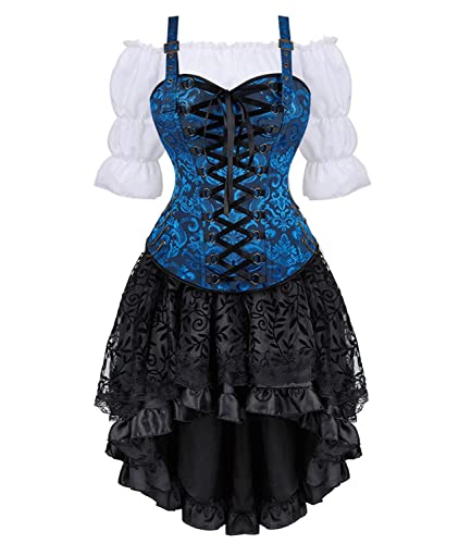 Jutrisujo Korsett Kleid Damen Rock 3 Set Steampunk Corsage mit Strapsen Spitze Corset Dress Bustier Damen Korsettkleid Kostüm Pirat Halloween Blau L von Jutrisujo