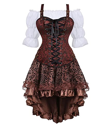 Jutrisujo Korsett Kleid Damen Rock 3 Set Steampunk Corsage mit Strapsen Spitze Corset Dress Bustier Damen Korsettkleid Kostüm Pirat Halloween Braun 2XL von Jutrisujo