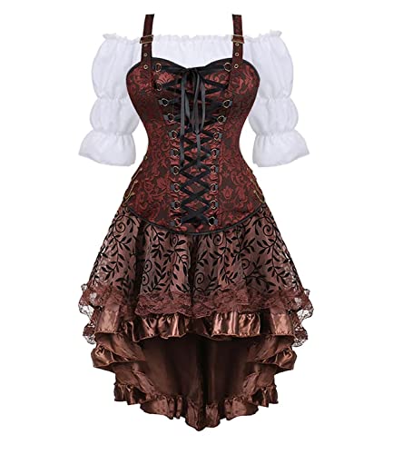 Jutrisujo Korsett Kleid Damen Rock 3 Set Steampunk Corsage mit Strapsen Spitze Corset Dress Bustier Damen Korsettkleid Kostüm Pirat Halloween Braun XS von Jutrisujo