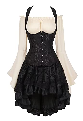 Jutrisujo Korsett Kleid Damen Rock Set Corset Dress Vollbrust Corsage mit Strapse Spitze Vintage Korsettkleid Kostüm Halloween Schwarz S von Jutrisujo