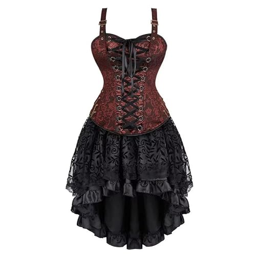 Jutrisujo Korsett Kleid Damen Rock Set Steampunk Corsage mit Strapsen Spitze Corset Dress Bustier Damen Korsagenkleid Kostüm Pirat Halloween Braun 5XL von Jutrisujo