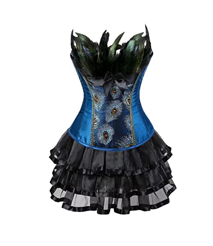 Jutrisujo Korsett Kleid Damen Rock Tutu Set Corset Dress Korsettkleid Corsage Vollbrust Feder Pfau Pattern Burlesque Kostüme Blau 3XL von Jutrisujo