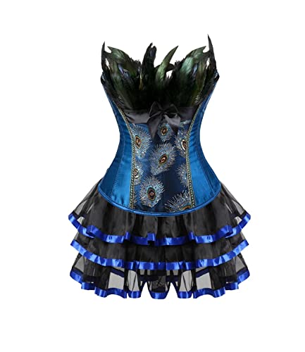 Jutrisujo Korsett Kleid Damen Set Rock Tutu Corsett Dress Korsettkleid Corsage Vollbrust Feder Pfau Pattern Burlesque Kostüme Blau 3XL von Jutrisujo