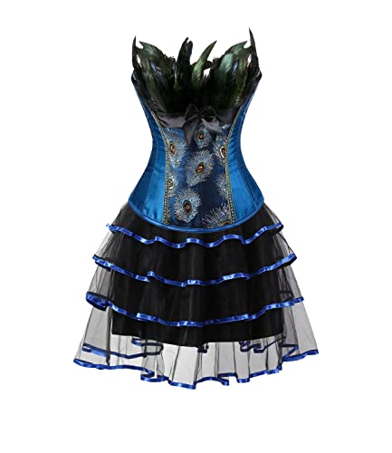 Jutrisujo Korsett Kleid Damen Set Rock Tutu Corsett Dress Korsettkleid Corsage Vollbrust Feder Pfau Pattern Burlesque Kostüme Große Größen Blau 2XL von Jutrisujo