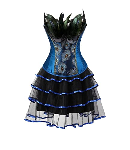 Jutrisujo Korsett Kleid Damen Set Rock Tutu Corsett Dress Korsettkleid Corsage Vollbrust Feder Pfau Pattern Burlesque Kostüme Große Größen Blau 6XL von Jutrisujo