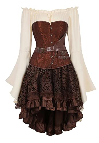 Jutrisujo Korsett Kleid Damen Steampunk 3 Set Pirat Rock Corset Dress Vollbrust Corsagen Spitze Gothic Kostüm Burlesque Halloween Braun M von Jutrisujo