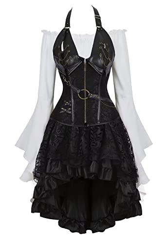 Jutrisujo Korsett Kleid Rock 3Set Steampunk Piraten Corsage Corset Bustier Damen Corsagenkleid Neckholder Gothic n Halloween kostüm Schwarz L von Jutrisujo