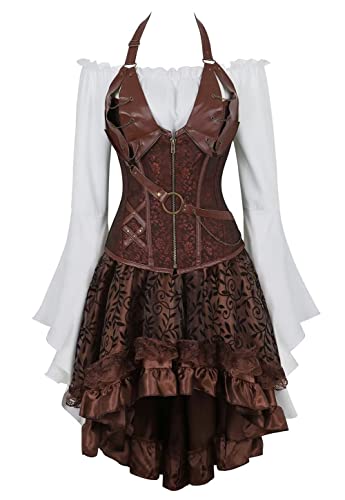 Jutrisujo Korsett Kleid Rock 3Set Steampunk Piraten Corsage Corset Bustier Damen Korsagenkleid Neckholder Gothic n Halloween Kostüm Braun 2XL von Jutrisujo