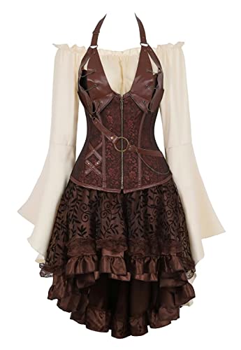 Jutrisujo Korsett Kleid Rock 3Set Steampunk Piraten Corsage Corset Dress Bustier Damen Korsagenkleid Neckholder Gothic n Halloween Kostüm Braun 2XL von Jutrisujo