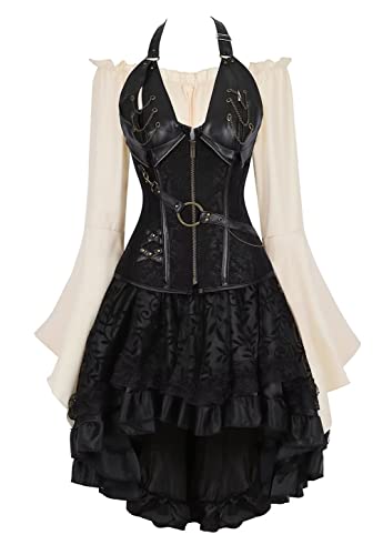 Jutrisujo Korsett Kleid Rock 3Set Steampunk Piraten Corsage Corset Dress Bustier Damen Korsagenkleid Neckholder Gothic n Halloween Kostüm Schwarz 5XL von Jutrisujo