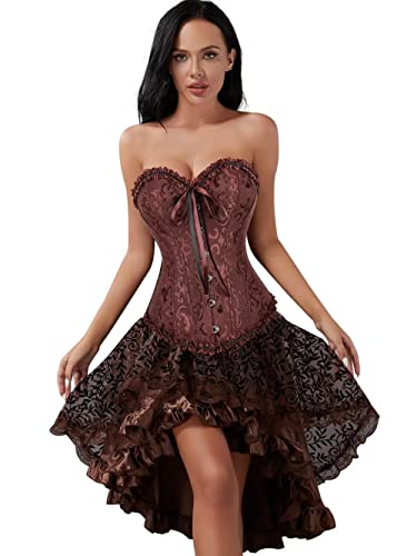 Jutrisujo Korsett Kleid Rock Set Damen Kostüm Pirat Corsage Corset Dress Bustier Korsage Corsagenkleid Halloween Piratenkleid Braun 2XL von Jutrisujo