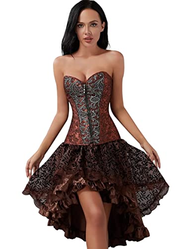 Jutrisujo Korsett Kleid Rock Set Steampunk Kostüm Pirat Corsage Corset Dress Bustier Damen Corsagenkleid Halloween Piratenkleid Braun 2XL von Jutrisujo