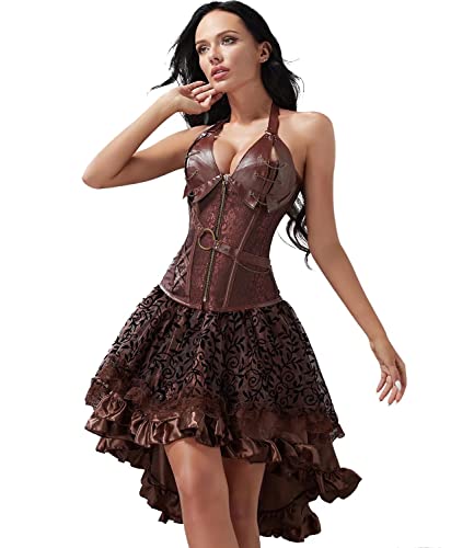 Jutrisujo Korsett Kleid Rock Set Steampunk Kostüm Pirat Corsage Corset Dress Bustier Damen Corsagenkleid Halloween Piratenkleid Braun XS von Jutrisujo