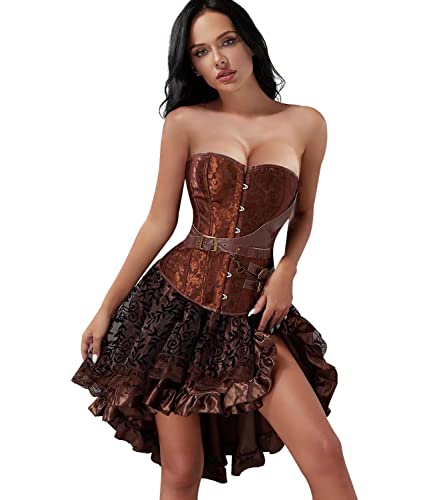 Jutrisujo Korsett Kleid Rock Set Steampunk Kostüm Pirat Corsage Corset Dress Bustier Damen Korsagenkleid Halloween Piratenkleid Braun XL von Jutrisujo