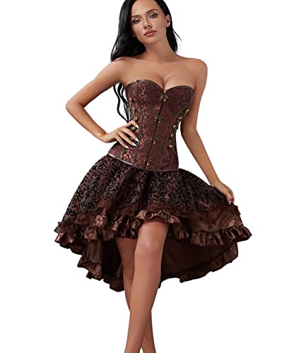 Jutrisujo Korsett Kleid Rock Set Steampunk Kostüm Piraten Corsage Corset Dress Bustier Damen Korsagenkleid Halloween Piratenkleid Braun XS von Jutrisujo