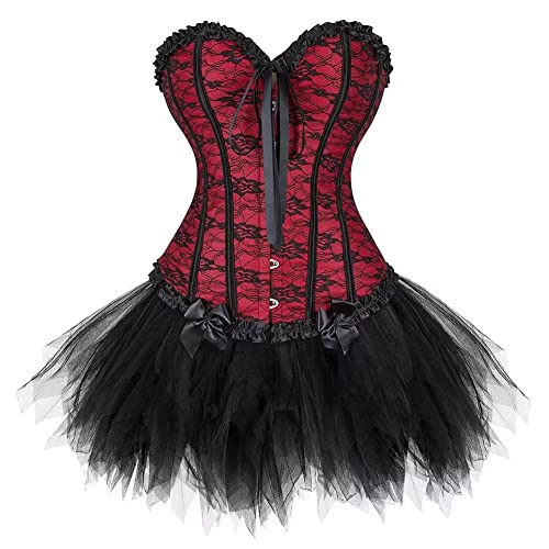 Jutrisujo Korsett Kleid Rock Top Set Damen Corsage Corset Dress Spitze Ärmel Corsagenkleid Halloween Vintage Rot XL von Jutrisujo