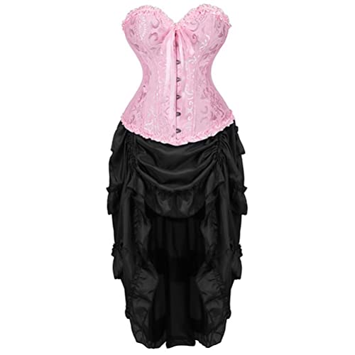 Jutrisujo Korsett Kleid Rock Top Set Damen Corsage Corset Dress Spitze Ärmel Corsagenkleid Halloween Vintage Rosa L von Jutrisujo