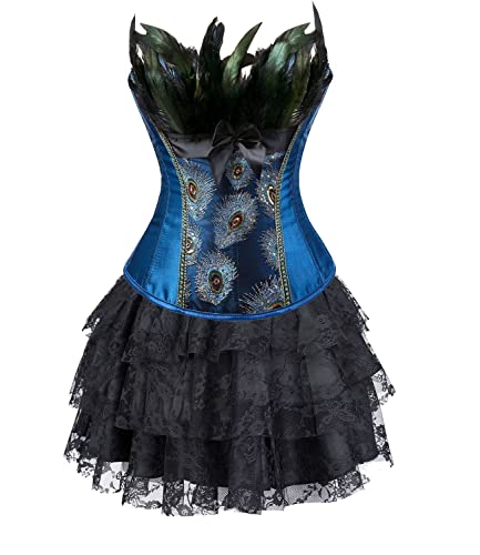 Jutrisujo Korsett Kleid Rock Tutu Damen Corset Dress Corsagenkleid Corsage Vollbrust Feder Stickerei Kostüme Pfau Pattern Burlesque Blau 5XL von Jutrisujo