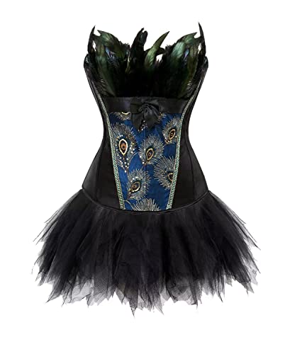 Jutrisujo Korsett Kleid Rock Tutu Set Damen Corset Dress Corsagenkleid Corsage Vollbrust Feder Stickerei Kostüme Pfau Pattern Burlesque Schwarz 3XL von Jutrisujo