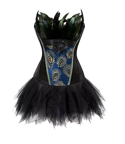 Jutrisujo Korsett Kleid Rock Tutu Set Damen Corset Dress Corsagenkleid Corsage Vollbrust Feder Stickerei Kostüme Pfau Pattern Burlesque Schwarz L von Jutrisujo