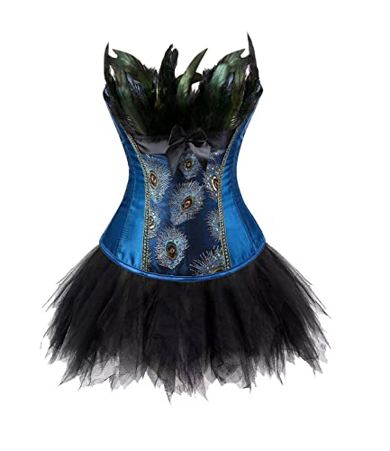 Jutrisujo Korsett Kleid Rock Tutu Set Damen Corset Dress Korsettkleid Corsage Vollbrust Feder Stickerei Kostüme Pfau Pattern Burlesque Blau 5XL von Jutrisujo