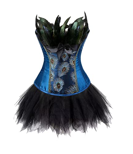 Jutrisujo Korsett Kleid Rock Tutu Set Damen Corset Dress Korsettkleid Corsage Vollbrust Feder Stickerei Kostüme Pfau Pattern Burlesque Blau 6XL von Jutrisujo