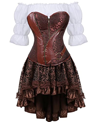 Jutrisujo Korsett Kleid Spitze Retro 3 Set Steampunk Korsagenkleid Piraten Vollbrust Corsagen Corset Dress Gothic Damen Kostüm Burlesque Halloween Braun M von Jutrisujo