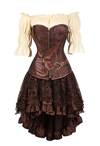 Jutrisujo Korsett Kleid Spitze Retro 3 Set Steampunk Piratenkleid Vollbrust Corsagen Corset Dress Gothic Damen Kostüm Burlesque Halloween Braun 3XL von Jutrisujo