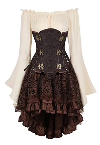 Jutrisujo Korsett Kleid Top 3 Set Corsage Steampunk Corset Dress Korsettkleid Damen Korsage Gothic Piraten Frauen Braun M von Jutrisujo