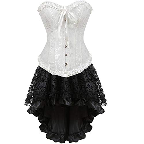 Jutrisujo korsett kleid elegant corset dress corsage set bustier Corsagenkleid damen blumen gothic burlesque Weiß schwarz 5XL von Jutrisujo