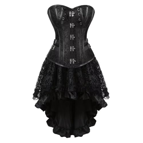 Jutrisujo Korsett Kleid spitze mit Kunstleder und Brokatmuster gotischen Stil Bustier Vintage Korsage Steampunk Corsagentop Gothic Rockabilly Schwarz XL von Jutrisujo