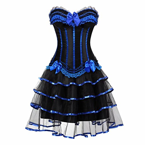Jutrisujo Korsett Kleider Damen Set Rock Dress Corsagenkleid Corsage Bustier Streifen Spitze Gothic Burlesque Blau 3XL von Jutrisujo