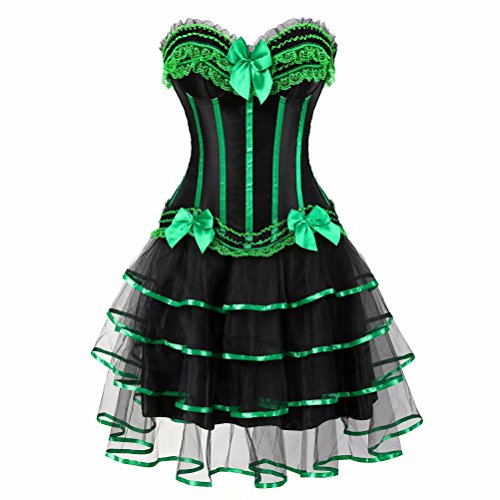 Jutrisujo Korsett Kleider Damen Set Rock Dress Corsagenkleid Corsage Bustier Streifen Spitze Gothic Burlesque Grün 6XL von Jutrisujo