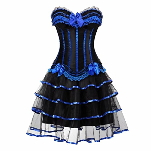 Jutrisujo Korsett Kleider Damen Set Rock Dress Corsagenkleid Corsage Bustier Streifen Spitze Gothic Burlesque Blau S von Jutrisujo