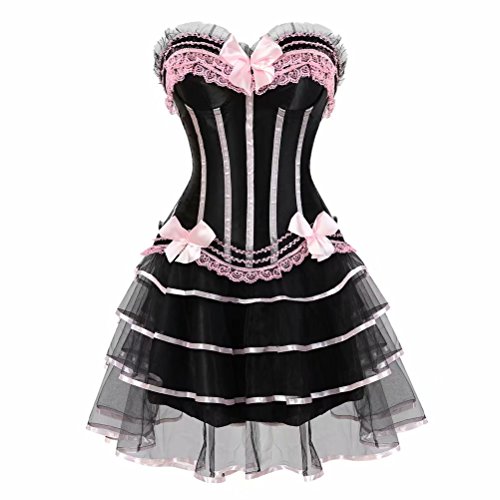 Korsett Kleider Damen Set Rock Dress Corsagenkleid Corsage Bustier Streifen Spitze Gothic Burlesque Rosa 2XL von Jutrisujo