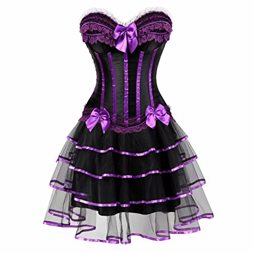 Jutrisujo Korsett Kleider Damen Set Rock Dress Corsagenkleid Corsage Bustier Streifen Spitze Gothic Burlesque Violett XL von Jutrisujo