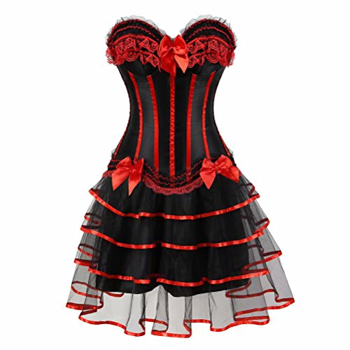 Jutrisujo Korsett Kleider Damen Set Rock Dress Corsagenkleid Corsage Bustier Streifen Spitze Gothic Burlesque rot 3XL von Jutrisujo