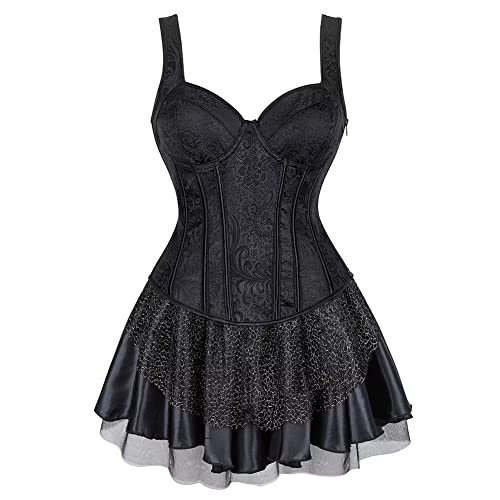 Jutrisujo Korsett Kleider Rock Damen Dress Corsagenkleid Corsage Bustier Strapshalter Reißverschluss Gothic Burlesque Schwarz 5XL von Jutrisujo