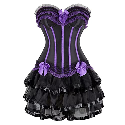 Jutrisujo Korsett Kleider Rock Damen Dress Korsagenkleid Corsage Bustier Streifen Spitze Gothic Burlesque Halloween Violett 2XL von Jutrisujo