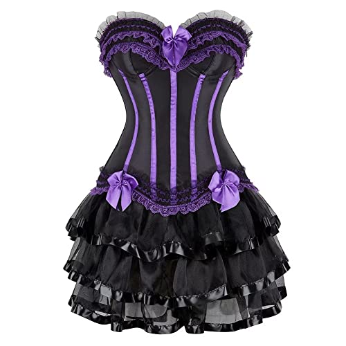 Jutrisujo Korsett Kleider Rock Damen Dress Korsettkleid Corsage Bustier Streifen Spitze Gothic Burlesque Halloween Violett S von Jutrisujo