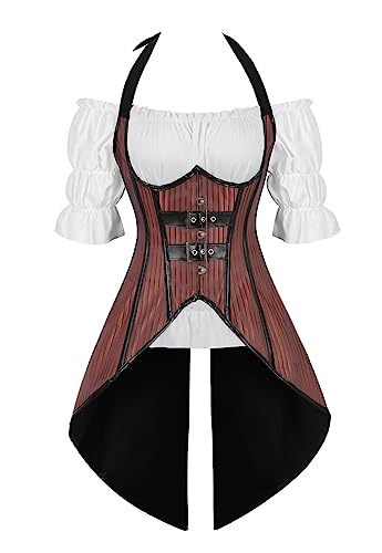 Jutrisujo Korsett Lang Underbust Corsage Bluse Top Set Damen Neckholder Steampunk Kostüm Piraten Halloween Braun 2XL von Jutrisujo