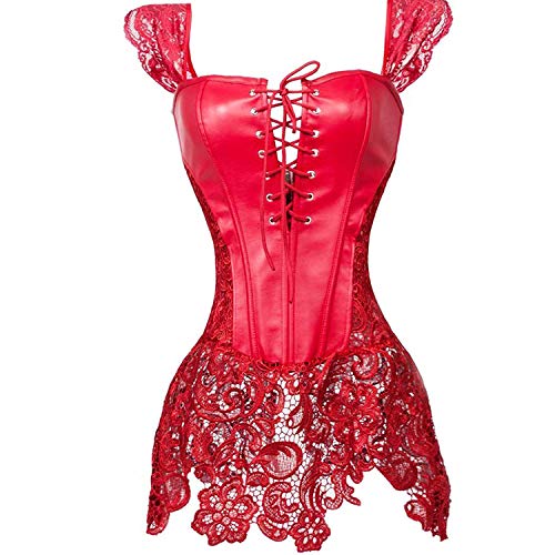 Jutrisujo Korsett Leder Damen Corsage Gothic Kunstleder Korsagenkleid Reißverschluss Schnüren Rot 3XL von Jutrisujo