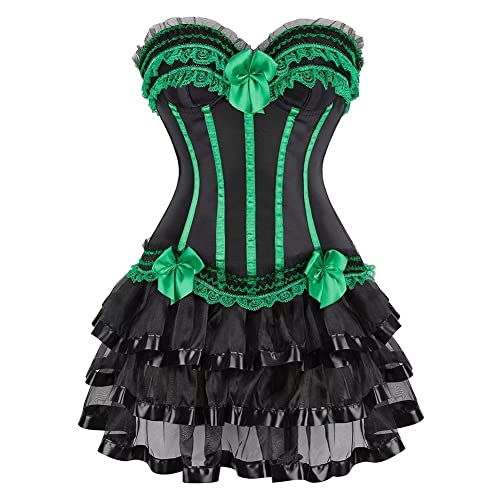 Jutrisujo Korsett Kleider Rock Damen Dress Korsagenkleid Corsage Bustier Streifen Spitze Gothic Burlesque Schwarz Grün 3XL von Jutrisujo