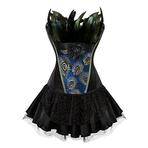 Jutrisujo Korsett Kleid Corsagenkleid Rock Corsage Vollbrust Feder Stickerei Kostüme Pfau Pattern Damen Burlesque Schwarz 2XL von Jutrisujo