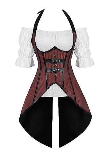 Jutrisujo Korsett Underbust Corset Piraten Neckholder Bluse Top Set Damen Steampunk Corsage Mit Träger Lang Kostüm Halloween Rot 7XL von Jutrisujo