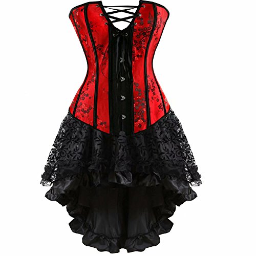 Korsett Kleid Asymmetrie Steampunk Corsagenkleid Bustier Corsage zum schnüren Rock Halloween Burlesque Damen Gothic rot L von Jutrisujo
