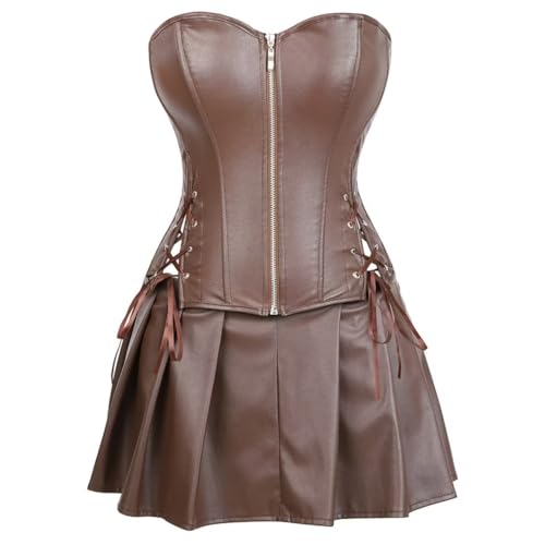 Jutrisujo Leder Korsett Braun Kleid Damen Rock Set Corsage Brown Corset Reißverschluss Gothic Kunstleder Korsagenkleid Piratenkostüm S von Jutrisujo