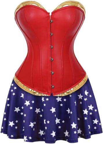 Jutrisujo Leder Korsett Damen Kleid Set Bustier Kunstleder Corsage Top Nähen Gothic Steampunk Korsagenkleid Corsagenkleid Burlesque Kostüm Große Größen Rot 4XL von Jutrisujo