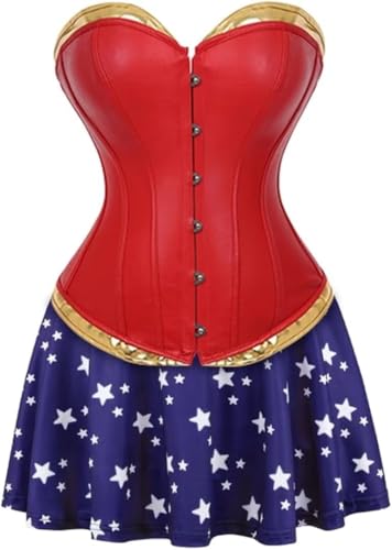 Jutrisujo Leder Korsett Damen Kleid Set Bustier Kunstleder Corsage Top Nähen Gothic Steampunk Korsagenkleid Corsagenkleid Burlesque Kostüm Große Größen Rot 6XL von Jutrisujo